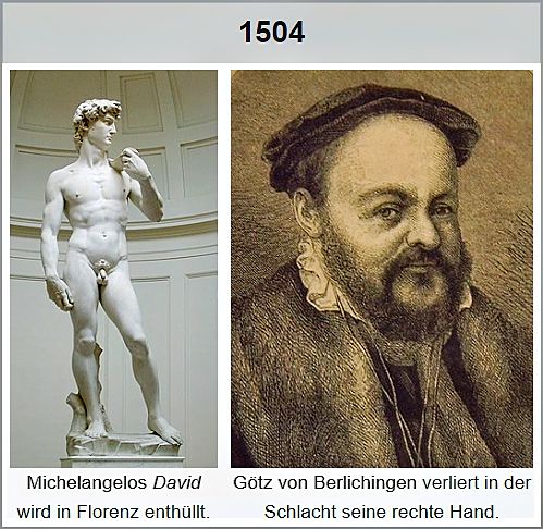Anno 1504: In Florenz wird Michelangelos David enthüllt (Abb. links), Götz von Berlichingen verliert in der Schlacht seine rechte Hand (Abb. rechts). | Abbildung: de.wikipedia.org