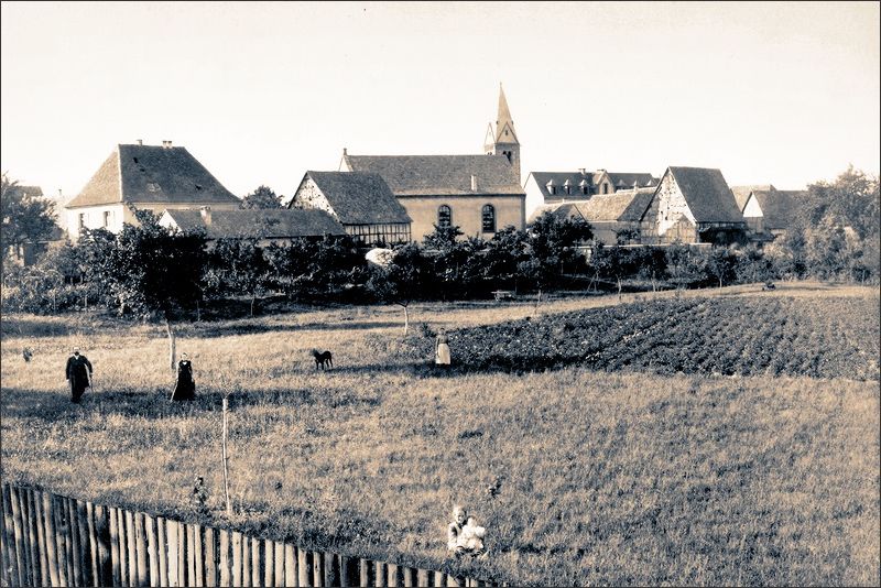Die protestantische Kirche Altrip mit Kirchgarten zum Ende des 19. Jahrhunderts.