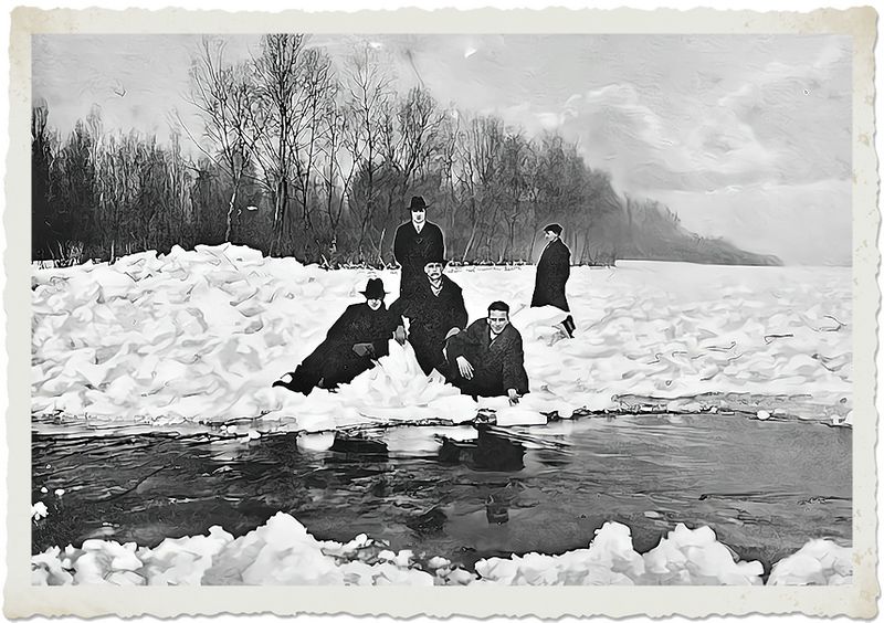 Der zugefrorene Rhein bei Altrip im Februar 1929)   |   Aufnahme von L. Schneider, Altrip