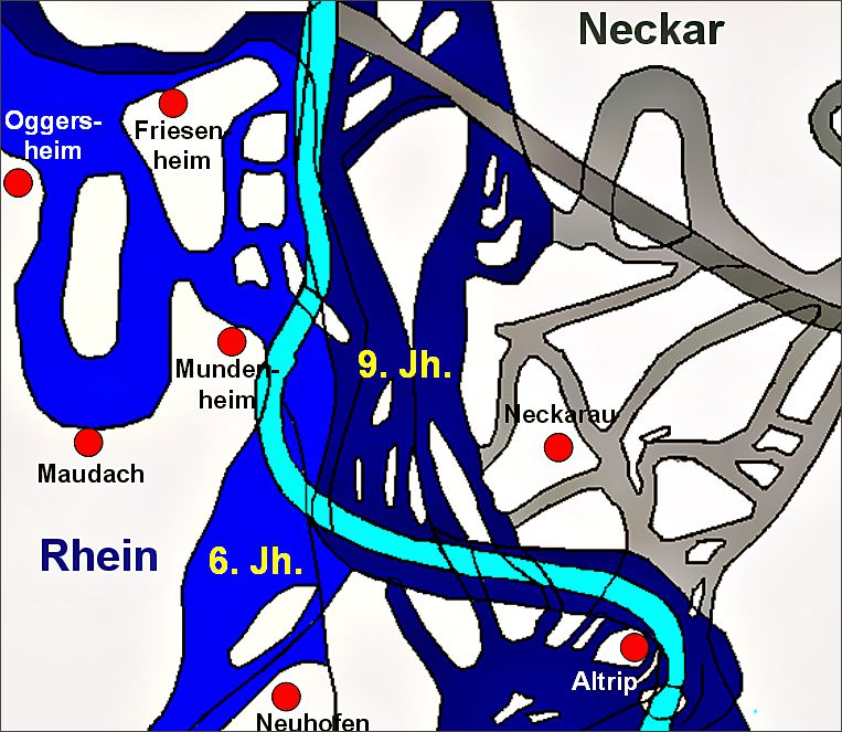 Verschiedene Flussläufe an der Neckarmündung (Abbildung: www.wikiwand.com/de/Rheinbegradigung)