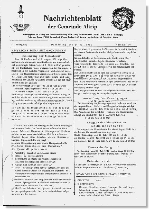 Zur Einführung der Müllabfuhr: Die AMTLICHE BEKANNTMACHUNG im Nachrichtenblatt der Gemeinde Altrip vom Donnerstag, 27. Juli 1961 (2. Jahrgang, Nummer 30)