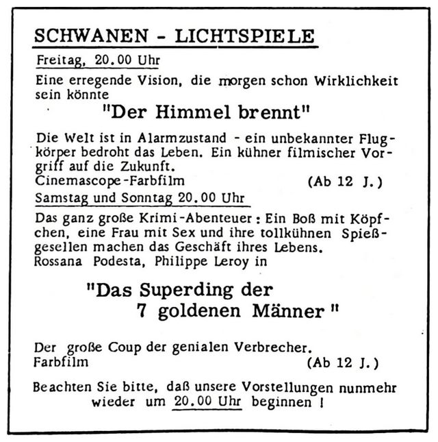 SCHWANEN-LICHTSPIELE, Altrip | Nachrichtenblatt der Gemeinde Altrip | Donnerstag, den 7. September 1967