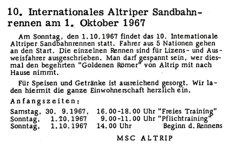 10. Internationales Altriper Sandbahnrennen am l.: Oktober 1967 (Nachrichtenblatt der Gemeinde Altrip | Donnerstag, den 28. September 1967 | 8. Jahrgang - Nummer 39)