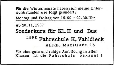 Fahrschule K. Vahldieck (Nachrichtenblatt der Gemeinde Altrip | 12. Oktober 1967)