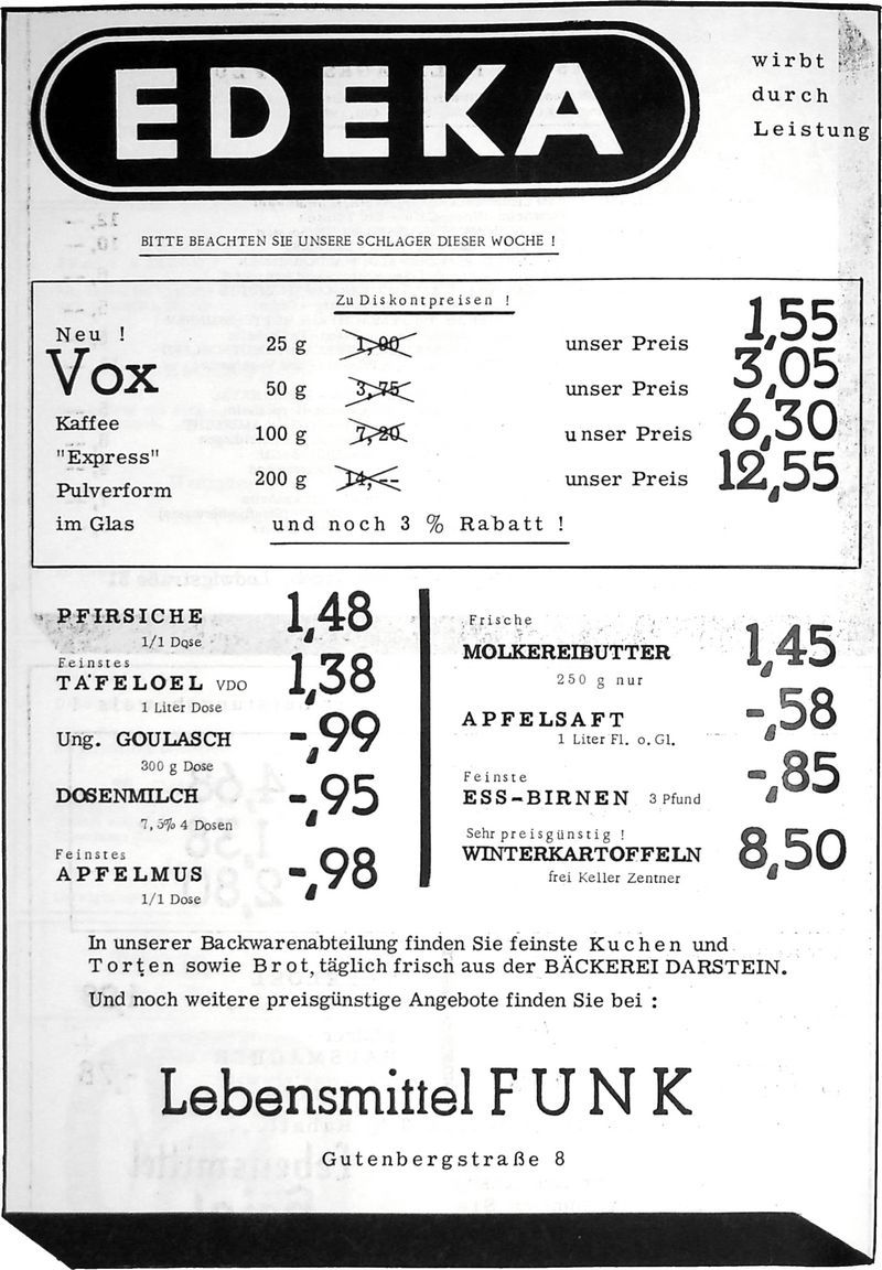 EDEKA Lebensmittel Funk (Quelle: Nachrichtenblatt der Gemeinde Altrip, 18. Oktober 1962)