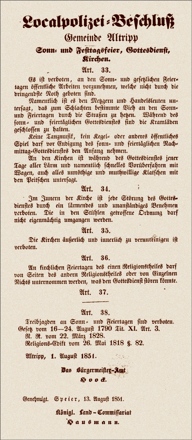 Localpolizei-Beschluß | Altripp, 1 August 1851