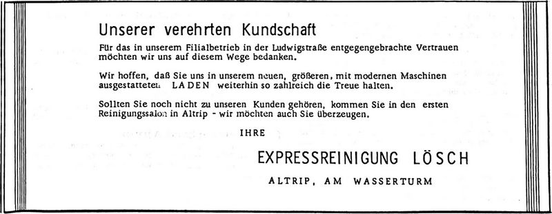 EXPRESSREINIGUNG LÖSCH (Nachrichtenblatt der Gemeinde Altrip | Donnerstag, den 16. Mai 1968 | 9. Jahrgang - Nummer 20)