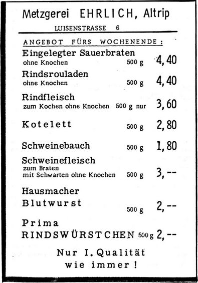 Metzgerei EHRLICH (Nachrichtenblatt der Gemeinde Altrip | Donnerstag, den 16. Mai 1968 | 9. Jahrgang - Nummer 20)