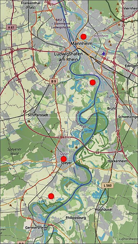 Von Mechtersheim über Speyer und Altrip nach Mannheim (Kartenausschnitt: openstreetnap.org)