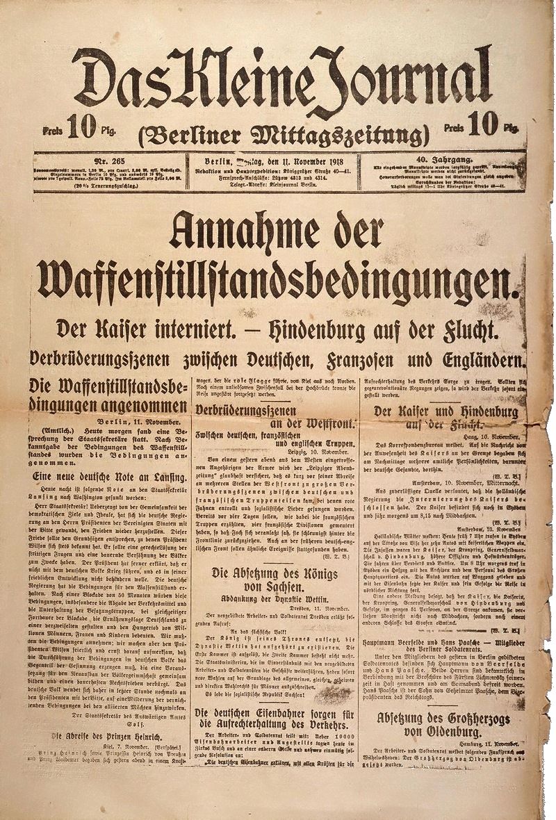 Berliner Tageszeitung "Das Kleine Journal" vom 11. November 1918 zur Annahme der Waffenstillstandsbedingungen durch Deutschland, | © Deutsches Historisches Museum, Berlin