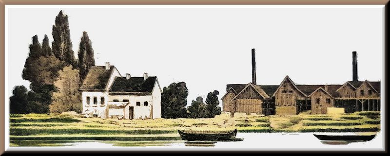 Werk Rheingönheim der Ziegelei-Marx, links daneben die Kantine, das heutige Gasthaus „Weißes Häusl”. (Darstellung aus den 1920er Jahren)