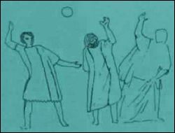 Wandmalerei von Ballspieler. Bei dem Ballspiel auf dem Gemälde geht es ruhiger zu. Erwachsene in langen Gewändern werfen und fangen den Ball. Vielleicht ist hier das Spiel dargestellt, bei dem der eine den Ball so hoch wie möglich in die Luft warf und der andere ihn im Sprung fangen musste.