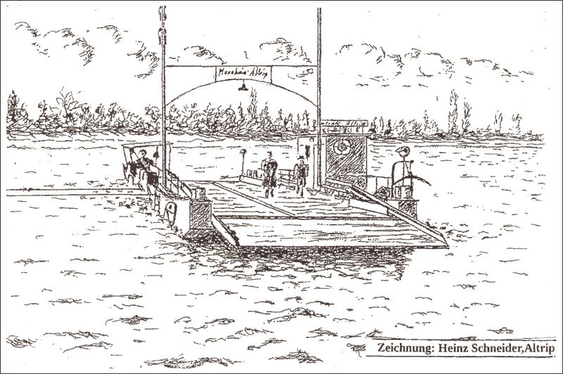Die alte Altriper Gierfähre (Zeichnung: Heinz Schneider)