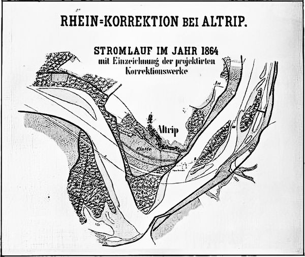 RHEIN-KORREKTION BEI ALTRIP aus "Mannheim und seine Bauten" herausgegeben vom Unterrheinischen Bezirk des Badischen Architekten- und Ingenieur-Vereins, Mannheim 1906 (Quelle: MARCHIVUM Stadtarchiv Mannheim)
