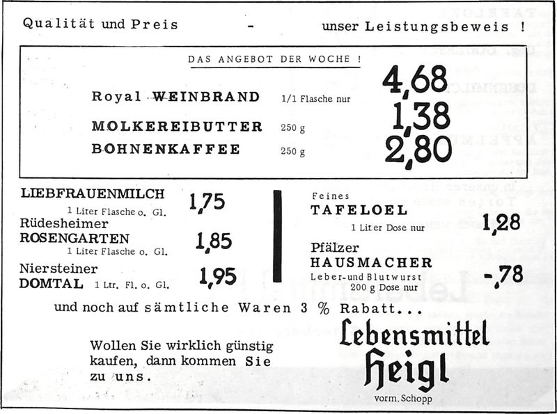 Lebensmittel Heigl (Quelle: Nachrichtenblatt der Gemeinde Altrip,&nbsp;18. Oktober 1962)