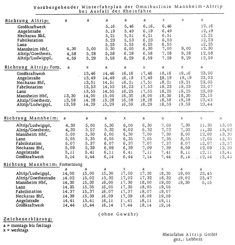 Vorübergehender Winterfahrplan der Omnibuslinie Mannheim-Altrip bei Ausfall der Rheinfähre