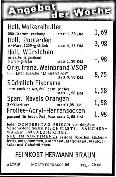 FEINKOST HERMANN BRAUN (Nachrichtenblatt der Gemeinde Altrip | Donnerstag, den 1. März 1973 | 14. Jahrgang - Nummer 9) FEINKOST HERMANN BRAUN (Nachrichtenblatt der Gemeinde Altrip | Donnerstag, den 1. März 1973 | 14. Jahrgang - Nummer 9)