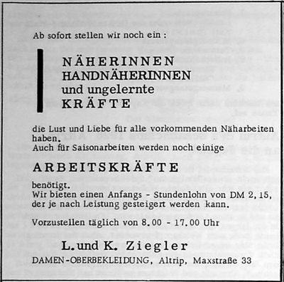 L. und K. Ziegler DAMEN-OBERBEKLEIDUNG (Nachrichtenblatt der Gemeinde Altrip | Donnerstag, den&nbsp;25. April 1963 | 4. Jahrgang - Nummer 17)