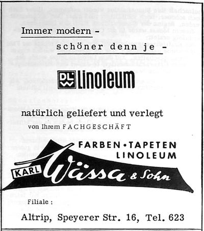 KARL Wässä & Sohn FARBEN TAPETEN LINOLEUM (Nachrichtenblatt der Gemeinde Altrip | Donnerstag, den&nbsp;25. April 1963 | 4. Jahrgang - Nummer 17)