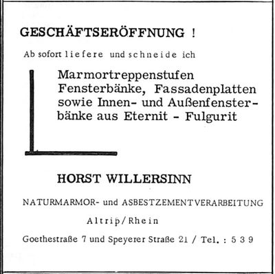 HORST WILLERSINN NATURMARMOR- und ASBESTZEMENT VERARBEITUNG (Nachrichtenblatt der Gemeinde Altrip | Donnerstag, den&nbsp;25. April 1963 | 4. Jahrgang - Nummer 17)