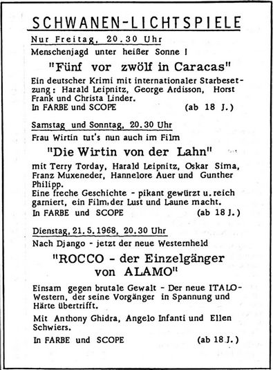 SCHWANEN-LICHTSPIELE (Nachrichtenblatt der Gemeinde Altrip | Donnerstag, den&nbsp;16. Mai 1968 | 9. Jahrgang - Nummer 20)