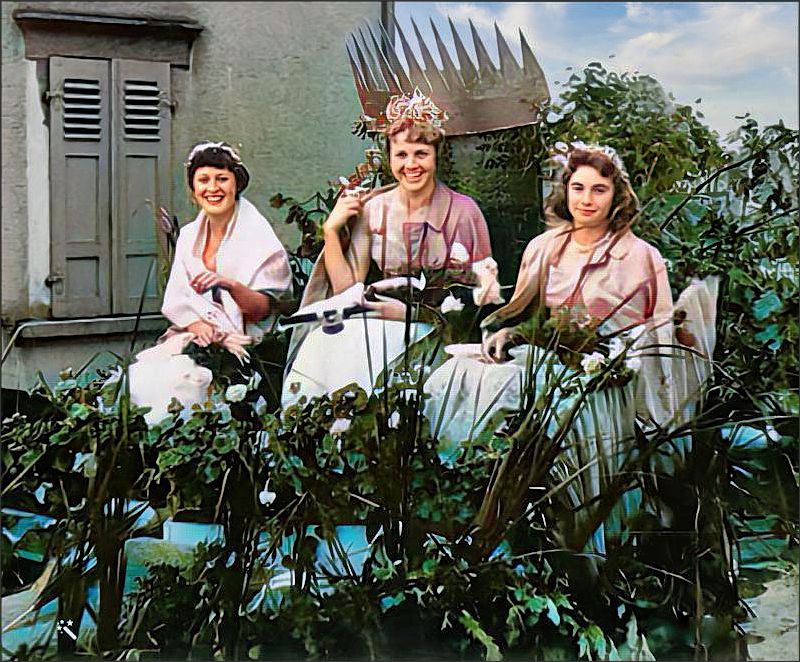 Fischerfest-Umzug in Altrip am Montag, 7. Juli 1958, auf ihrem Festwagen die Fischerkönigin Ortrud Boras und die beiden Ehrenjungfrauen Ingrid und Hannelore Schneider.