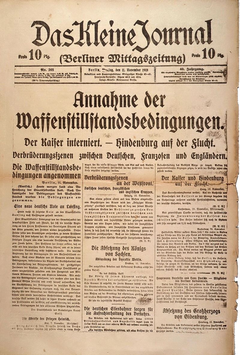 Berliner Tageszeitung "Das Kleine Journal" vom 11. November 1918 zur Annahme der Waffenstillstandsbedingungen durch Deutschland, | © Deutsches Historisches Museum, Berlin