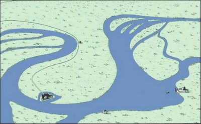 Altrip, Rekonstruktiosbild der spätantiken Neckarmündung mit Hauptkastell (links), Station bei Rheingönheim (links oben), Burgus (Mitte unten) und Schiffslände (rechts)