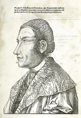 Regino von Prüm, fiktives Porträt aus dem Erstdruck der Chronik des Regino von Prüm, Holzschnitt, 1521