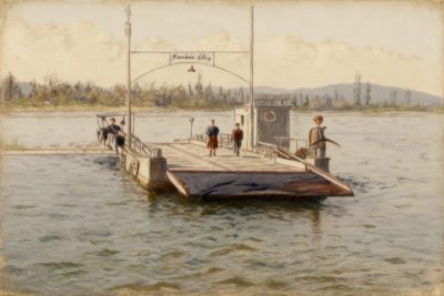 Die alte Altriper Gierfähre (Zeichnung: Heinz Schneider | Kolorierung: Jürgen Hajok)