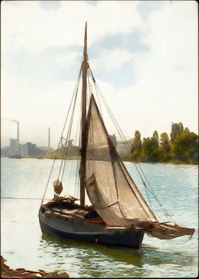 Ein Fischkutter auf dem Rhein bei Altrip, um 1930